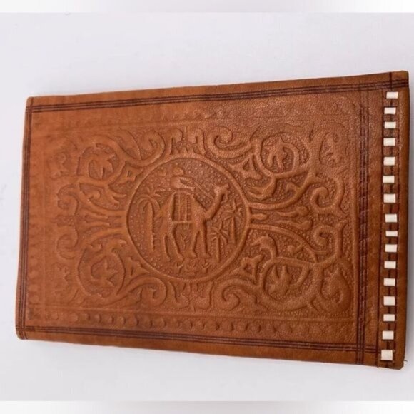 Treasures Of Morocco Wallet Leather Genuine carved Bi-fold Handmade cognac - Picture 1 of 7